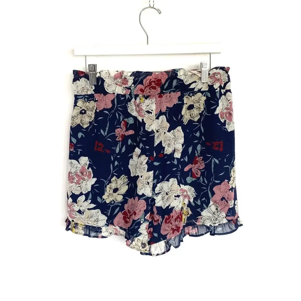 Love Floral Shorts Womens Large Floral Ruffled Hem/Waist Tie‎ Front Lined